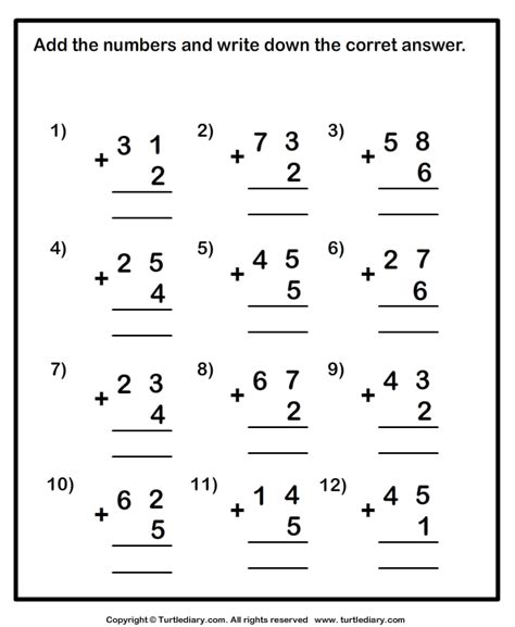 Adding One Digit Numbers and Two Digit Numbers Turtle Diary Worksheet