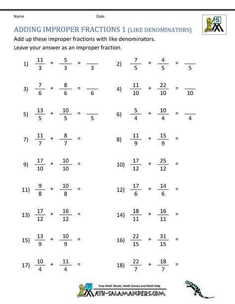Adding Proper and Improper Fractions with Like Denominators with Mixed