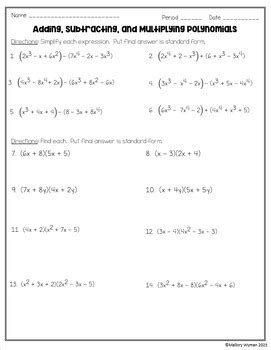Adding Subtracting And Multiplying Polynomials Worksheet