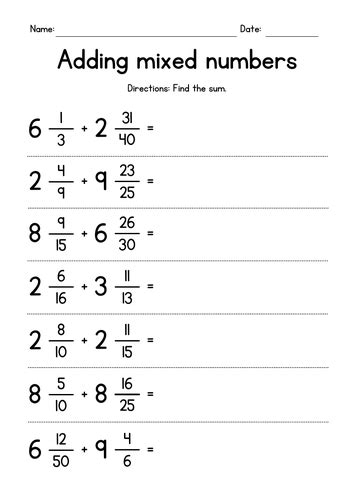 Adding Subtracting Mixed Numbers Worksheet Teaching Resources