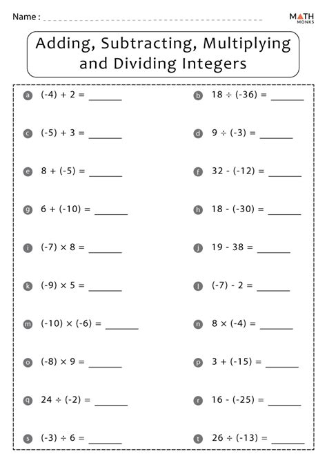 Adding Subtracting Multiplying And Dividing Integers Worksheets