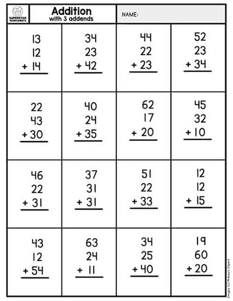 Adding Three Two Digit Numbers Without Regrouping Worksheets