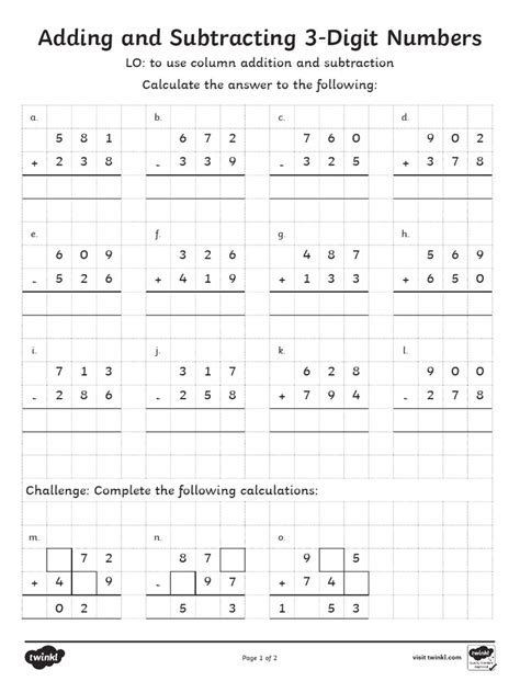 Adding and Subtracting 3 Digit Numbers in a Column Mixed Worksheet