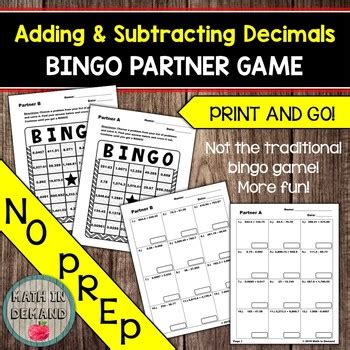 Adding and Subtracting Decimals Bingo Partner Game Math in Demand