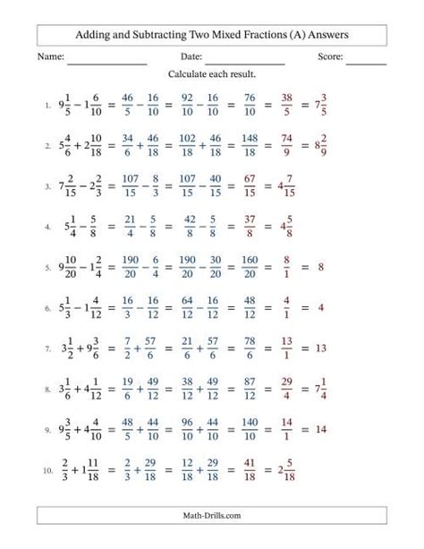 Adding and Subtracting Fractions and Mixed Numbers Homework with