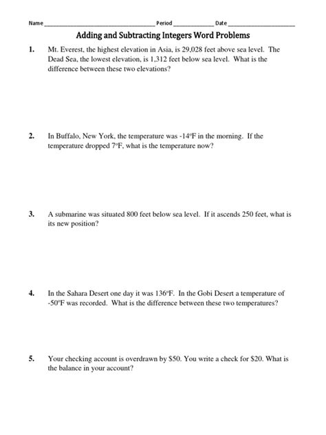 Adding and Subtracting Integers Word Problems Worksheet PDF