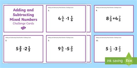 Adding and Subtracting Mixed Numbers Challenge Cards Worksheets Library
