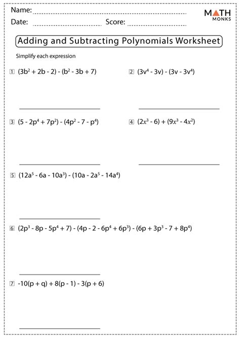 Adding and Subtracting Polynomials Worksheets with Answer Key