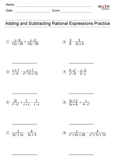 Adding and Subtracting Rational Expressions Worksheet PDF