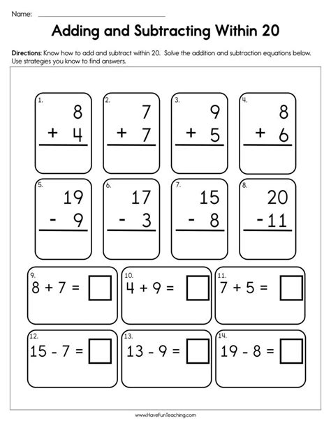 Adding and Subtracting Within 20 Worksheet by Teach Simple