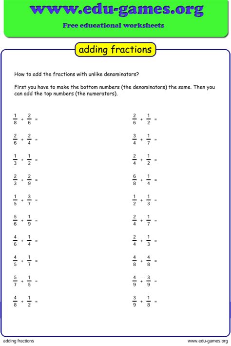 Adding and subtracting fractions with unlike denominators worksheets pdf.  Worksh...