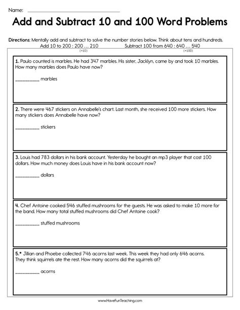 Addition And Subtraction Word Problems To 100