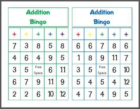 Addition Bingo Card