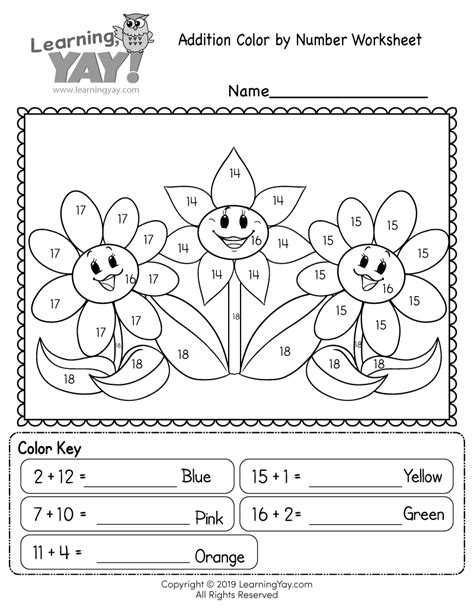 Addition Color by Number Worksheet for 1st Grade (Free Printable)