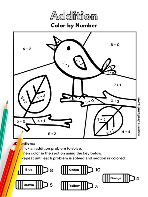 Addition Color by Number Worksheets Nature Inspired Learning