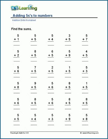 Addition Practice Adding 5 Worksheet