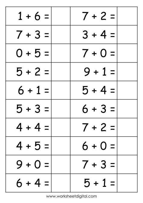 Addition Single Digit to 10 Worksheet Digital