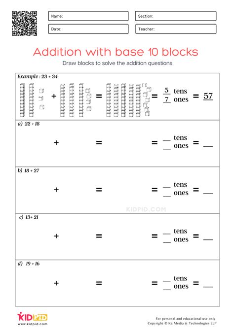 Addition With Base Ten Blocks Worksheets