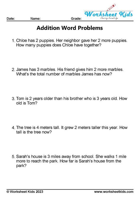 Addition Word Problems Worksheets for 1st and 2nd Graders Free
