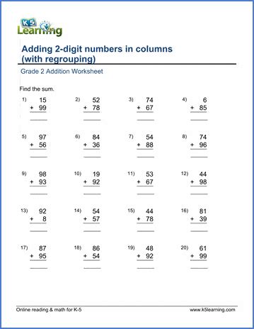 Addition Worksheets Add 2 Digit Numbers In Columns With Regrouping K5 Learning