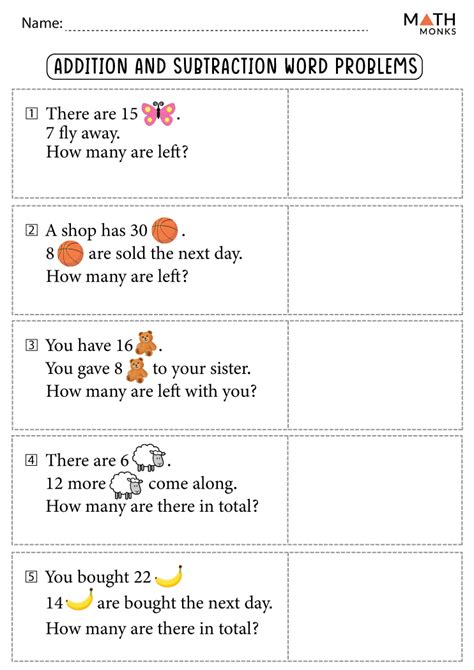Addition and Subtraction Word Problems Worksheets with Answer Key