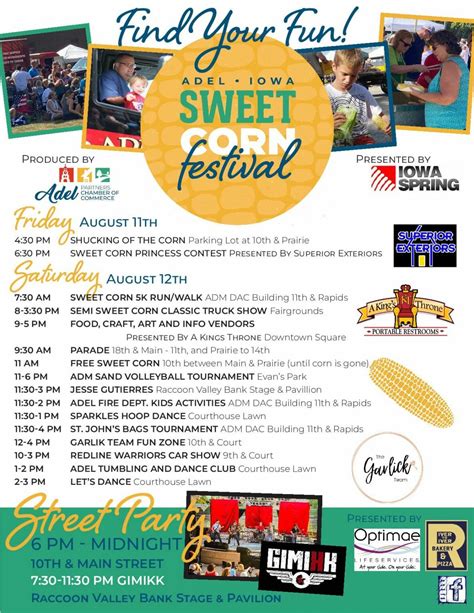 Adel sweet corn festival 2023. The 45 th annual Sweet Corn Festival will be held on Saturday, August 10, 2024. Stay up to date with the latest information on our Adel Sweet Corn Festival Facebook page. Friday Aug 19, 2024 starting at 4:30pm husking of the corn begins. Join us at the southside of the police/fire department station. Following the husking at 6:30 pm will be the ... 