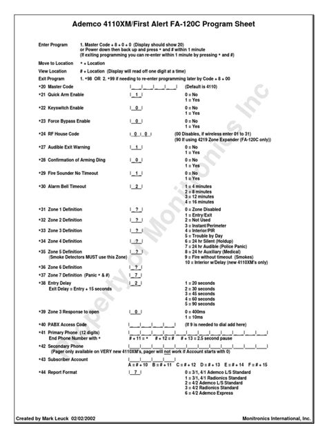 Ademco 4110XM Program Sheet Electronics
