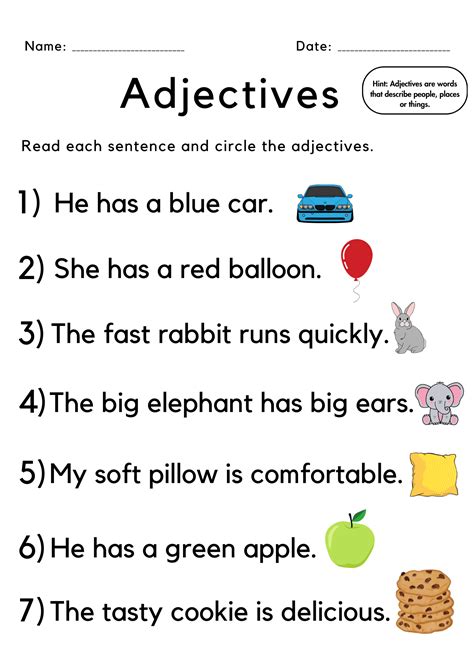 Adjective Worksheet 1 Grade