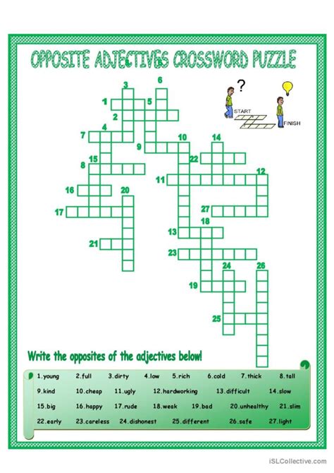 Adjectives crossword Puzzle Worksheet pdf