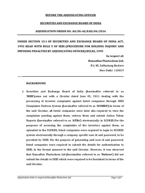 Adjudication Order in respect of Hansaflon Plastochem Ltd