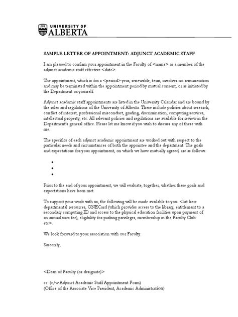 Adjunct Academic Staff Appointment Letter Template Word Doc