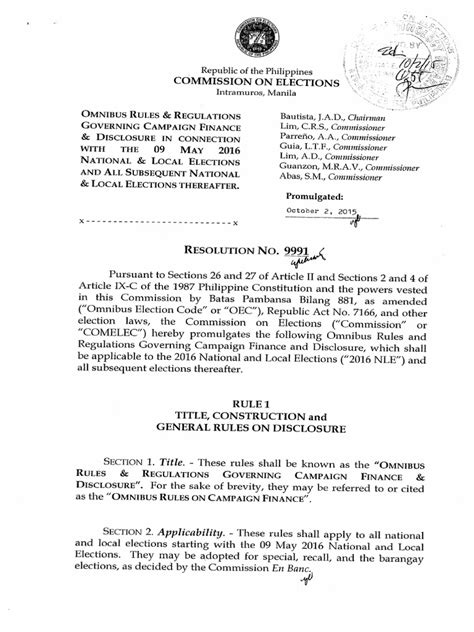 Administration Internal COMELEC Resolution No 9910