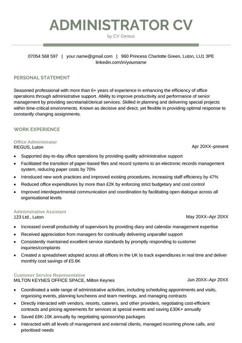 Administrator CV example + Writing guide and CV template Resume