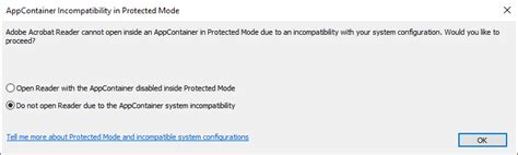 Adobe acrobat reader cannot open inside an appcontainer in protected mo...
