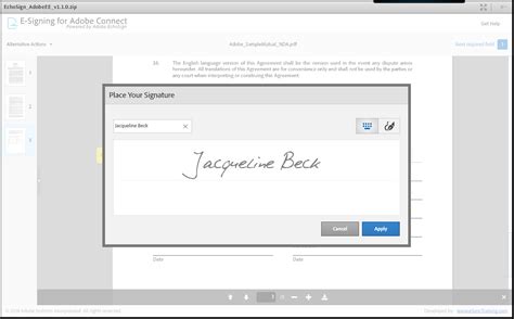 Adobe echo sign. The signature screen appears. Select your name from the Select Participant drop-down box. Select Signature and click the Next button. Source: echosign.adobe.com. The EchoSign screen appears with the Signature line indicated by a Yellow arrow labeled Start. The Place Your Signature dialog box appears. 