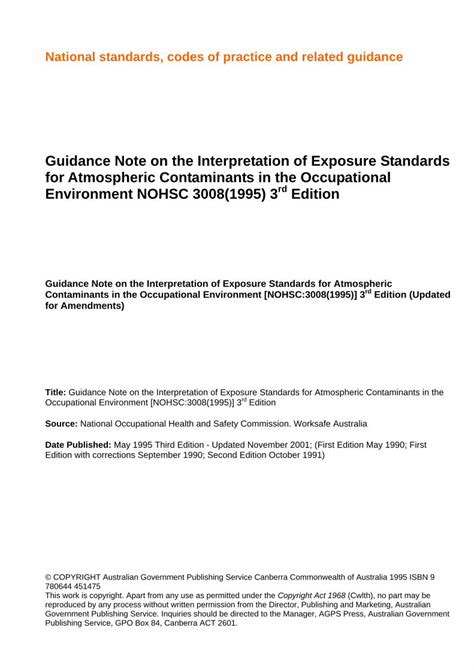 Adopted National Exposure Standards Atmospheric Contaminants NOHSC1003 1995 PDF