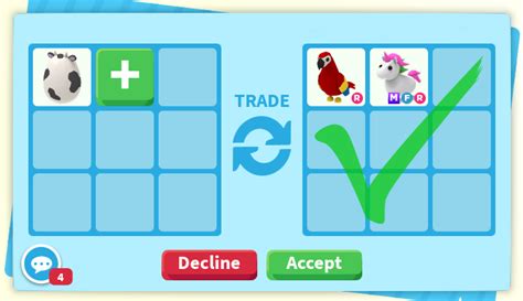 Oct 3, 2023 · Trading is one of the staple features of Roblox Adopt Me! that allows players to trade pets and items that they missed out on during an event or find hard to collect. The game has a player-bound economy, and thus, the price of pets often changes every now and then depending on the current demand and other factors. . 
