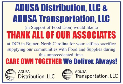 Adusa distribution butner nc. A CAREER THAT DELIVERS. ADUSA Distribution and ADUSA Transportation provide supply chain operations for one of the largest omnichannel grocery retail groups in the nation, serving the grocery brands of Ahold Delhaize USA – Food Lion, Giant Food, The GIANT Company, Hannaford and Stop & Shop, through a self-distribution model for the future. 