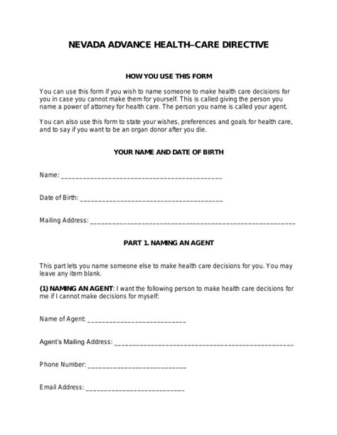 Advance Healthcare Directive Form Nevada Form Resume Examples 