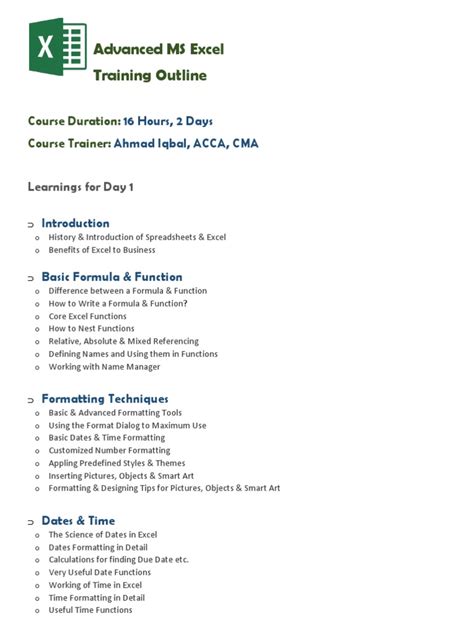Advanced Excel Training Course Outline Microsoft Excel Spreadsheet