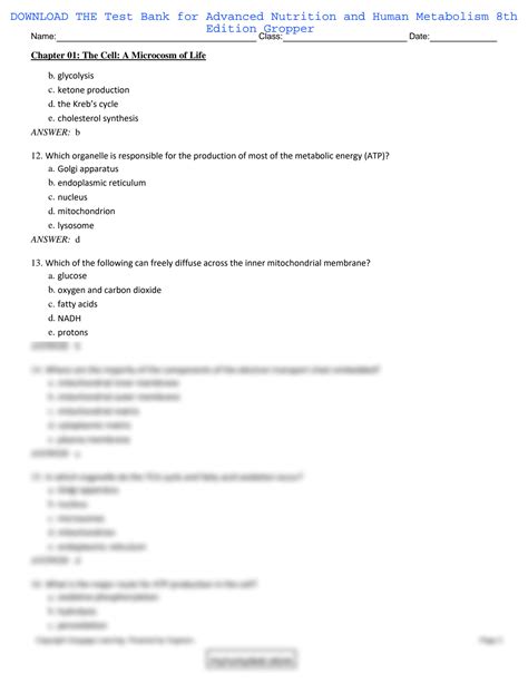 Advanced Human Metabolism Test Bank