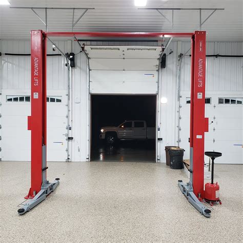 Advantage lifts. The 2-post lifts from Advantage Lifts are meant to fit into the standard garage. The recommended garage bay size for a 2-post lift is 12' tall by 12' wide by 24' deep. Having a ceiling height of 12' assures an overhead model has enough clearance. If you have lower garage ceilings, then a floor-plate model will be the best option. 