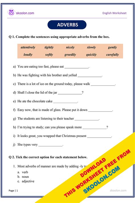 Adverbs Worksheet For Class 3 With Answers English Grammar Adverb