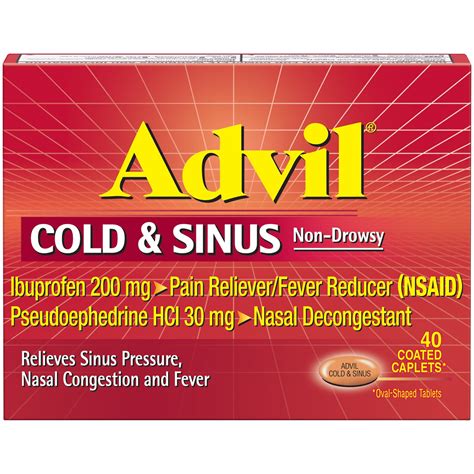 Results 1 - 2 of 2 for "advil cold and sinus" ADVIL COLD & SINUS Advil Cold & Sinus (Caplet) Strength 200 mg / 30 mg Imprint ADVIL COLD & SINUS Color Brown Shape Oval View details. Advil C & S Advil Cold & Sinus (Liqui-Gel) Strength ibuprofen 200 mg / pseudoephedrine 30 mg Imprint Advil C & S Color Orange. 