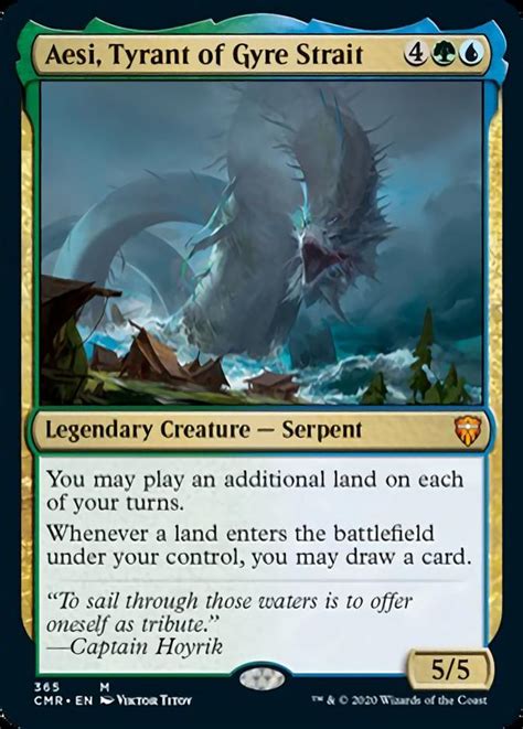 Overwhelming Value. Aesi, Tyrant of Gyre Strait currently rules as the most built Simic commander, with 7,000 decks, which is a thousand more decks than the second-most popular commander, Volo, Guide to Monsters, and is twice the number of decks that Tatyova, Benthic Druid has, with 3,500 decks. Even though Tatyova had a two years' headstart .... 