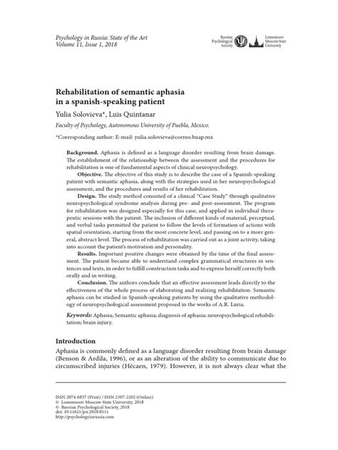 Afasia dinamica NeuropsychologicalRehabilitation Solovieva Quintanar