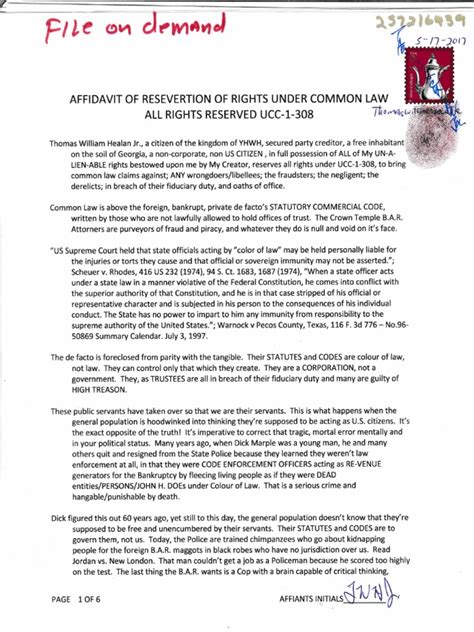 Affadvit of Reservation of Rights Law Case Reference Screven County