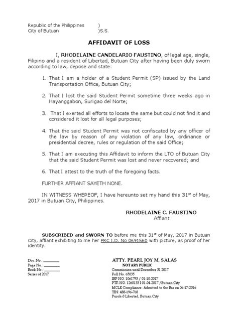 Affid of Loss Student Permit 1 Copy