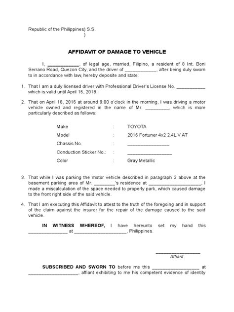 Affidavit Damage to Vehicle Blank