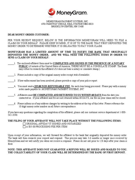 Affidavit English Money Order Cheque